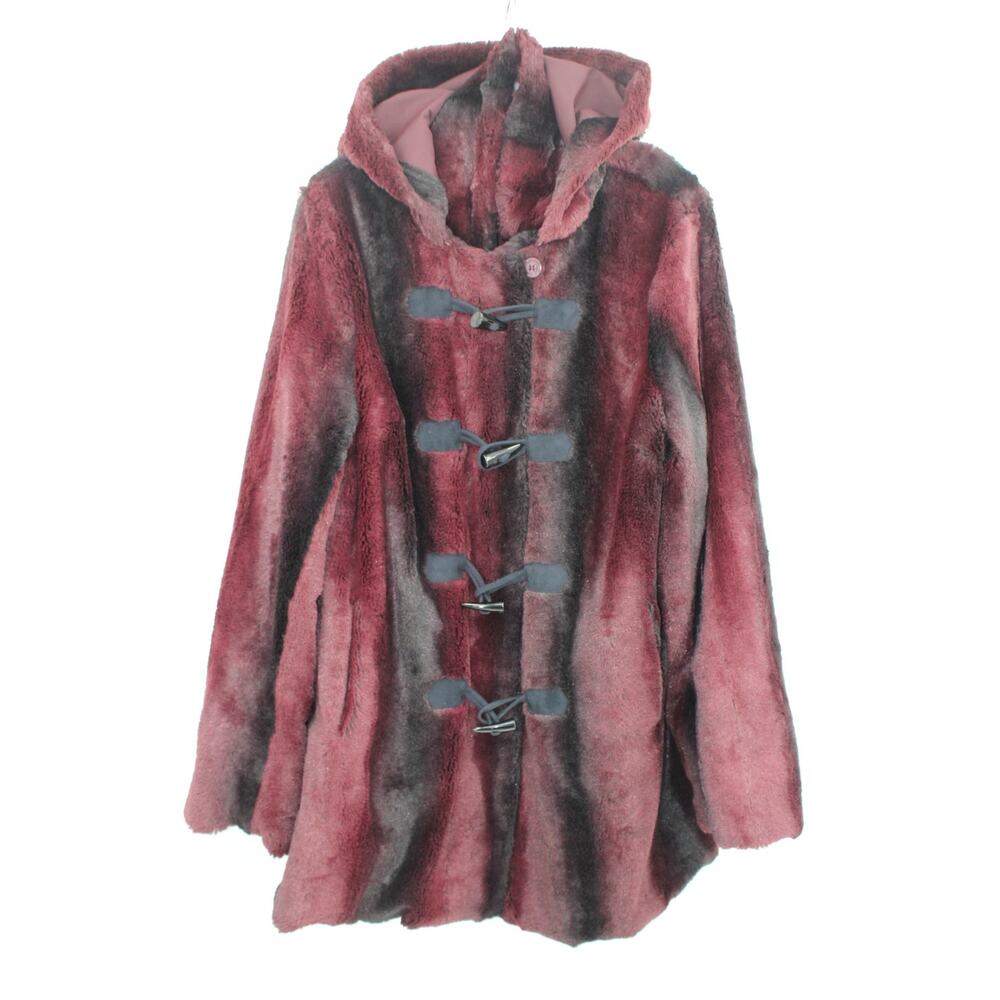 Dennis Basso Reversible Faux Fur Coat Womens Burgundy /Black Toggle Large